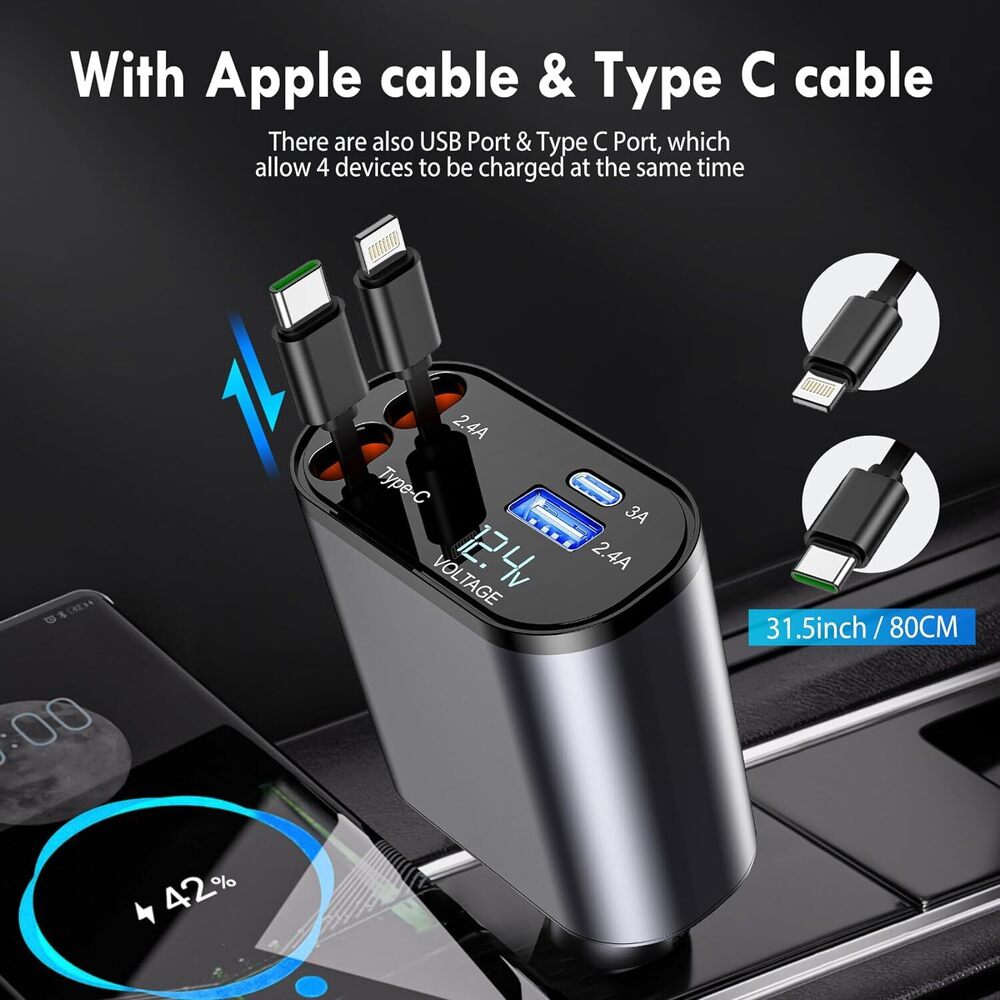🚗⚡ Chargeur 4-en-1 120 W pour Voiture — USB-C + USB-A + Câbles rétractables (Lightning - USB-C) — iPhone et Android