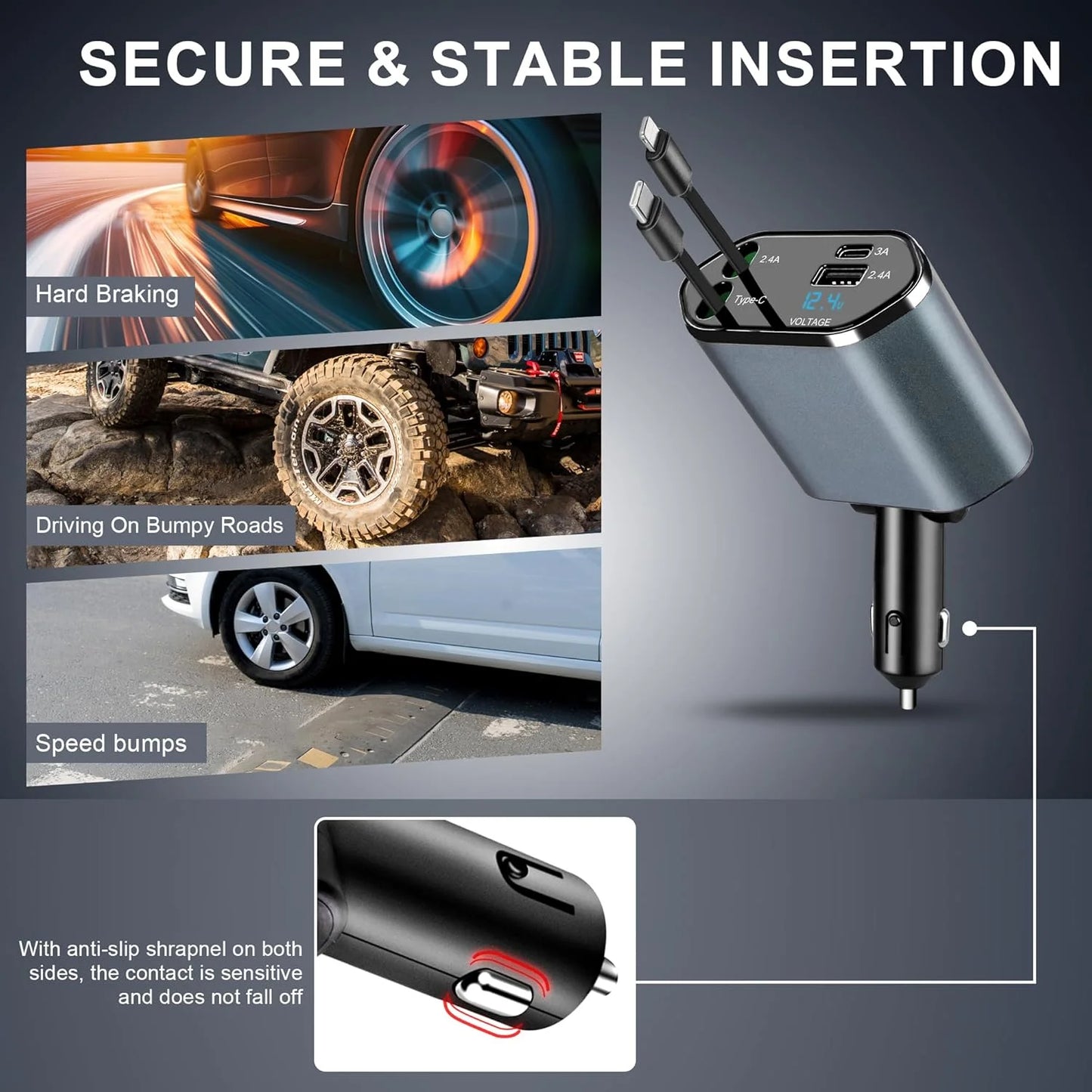 🚗⚡ Chargeur 4-en-1 120 W pour Voiture — USB-C + USB-A + Câbles rétractables (Lightning - USB-C) — iPhone et Android