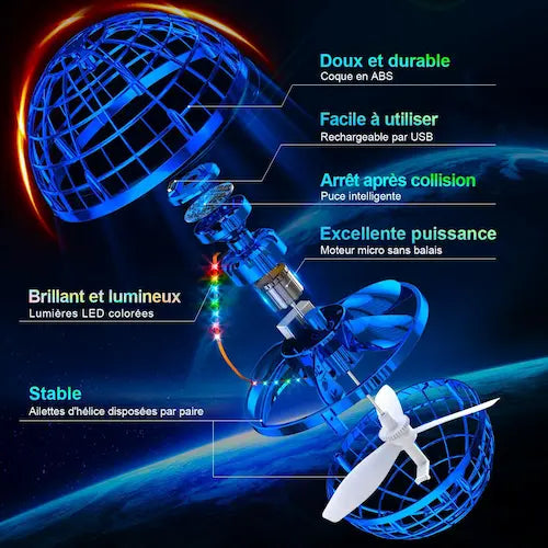 SkyOrb — Boule volante RGB “étoile filante”, effet boomerang, USB 🌈🚀