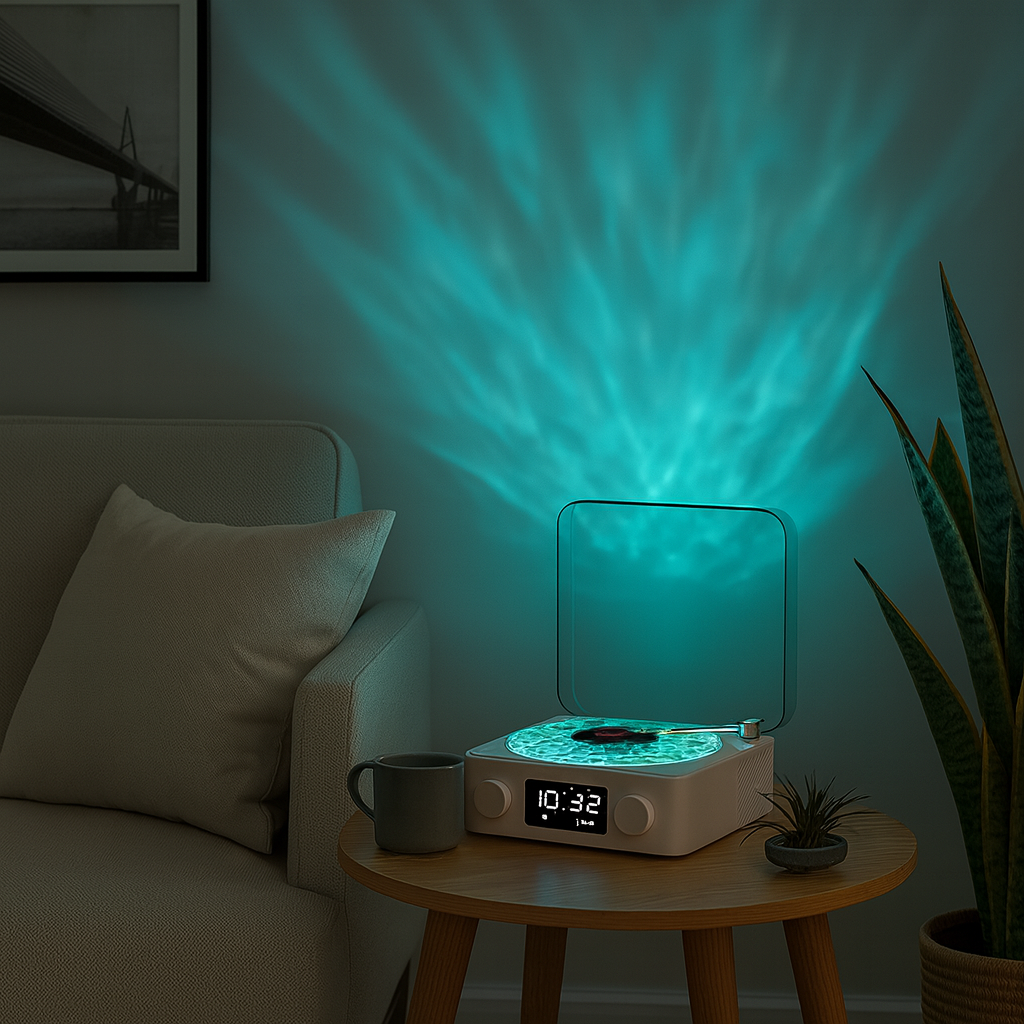 EchoVinyle — enceinte Bluetooth 5W rétro, vagues lumineuses & bruits blancs 🌊🎶
