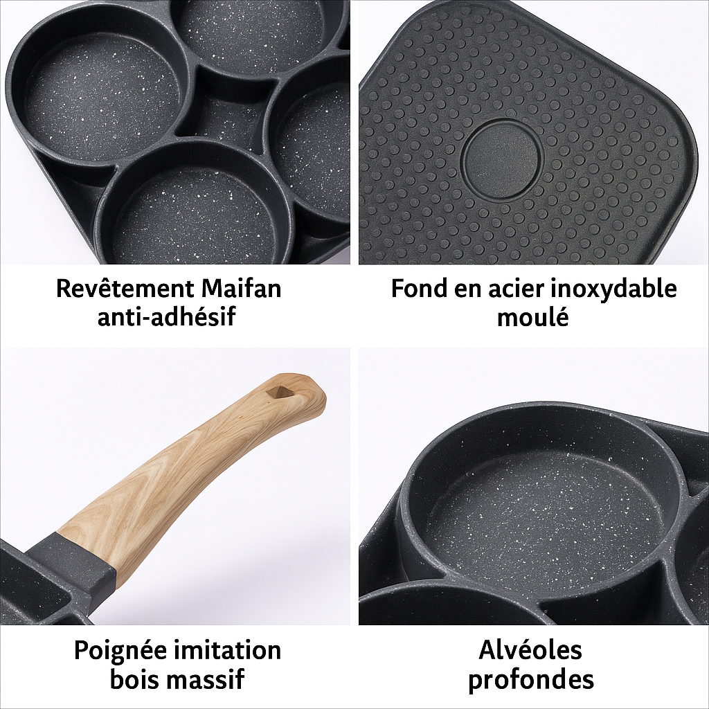 Poêle 4 cavités — chauffe rapide, revêtement antiadhésif, compatible tous feux 🥞