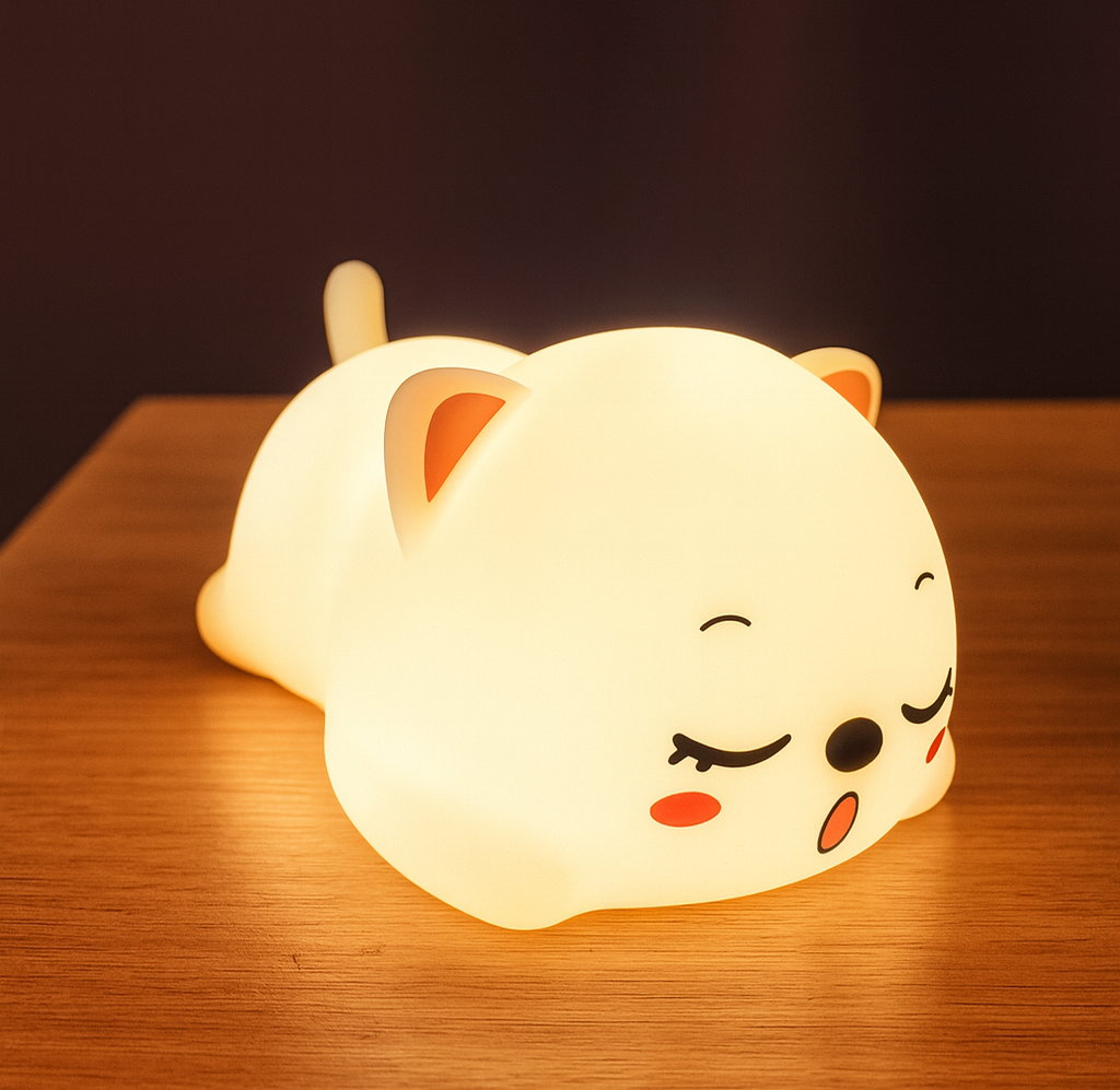 MinouLumi — Veilleuse chaton tactile, silicone doux, USB rechargeable, 5 couleurs 🐱💡