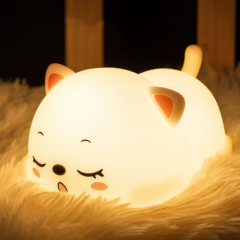 MinouLumi — Veilleuse chaton tactile, silicone doux, USB rechargeable, 5 couleurs 🐱💡