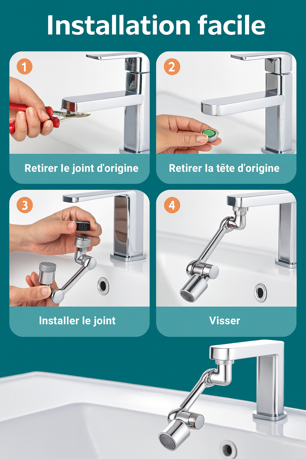 Lot de 2 FluxFlex — Tête de robinet rotative 1080°, 2 modes, anti-éclaboussures 💧
