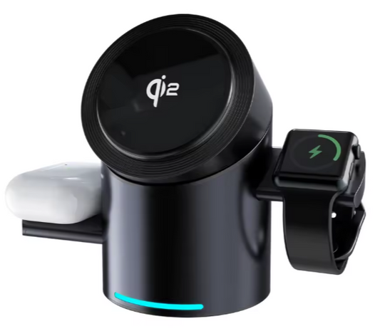 Orbit-Charge — Station 3-en-1 Qi2 auto-rotative pour smartphone, montre & écouteurs ⚡🔄📱⌚️🎧