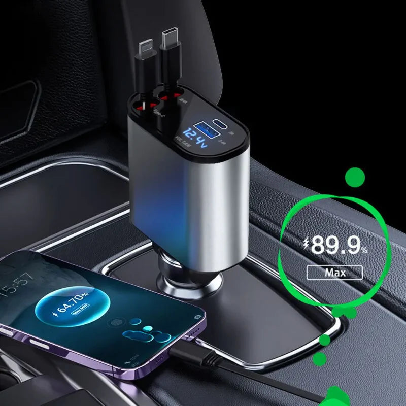 🚗⚡ Chargeur 4-en-1 120 W pour Voiture — USB-C + USB-A + Câbles rétractables (Lightning - USB-C) — iPhone et Android
