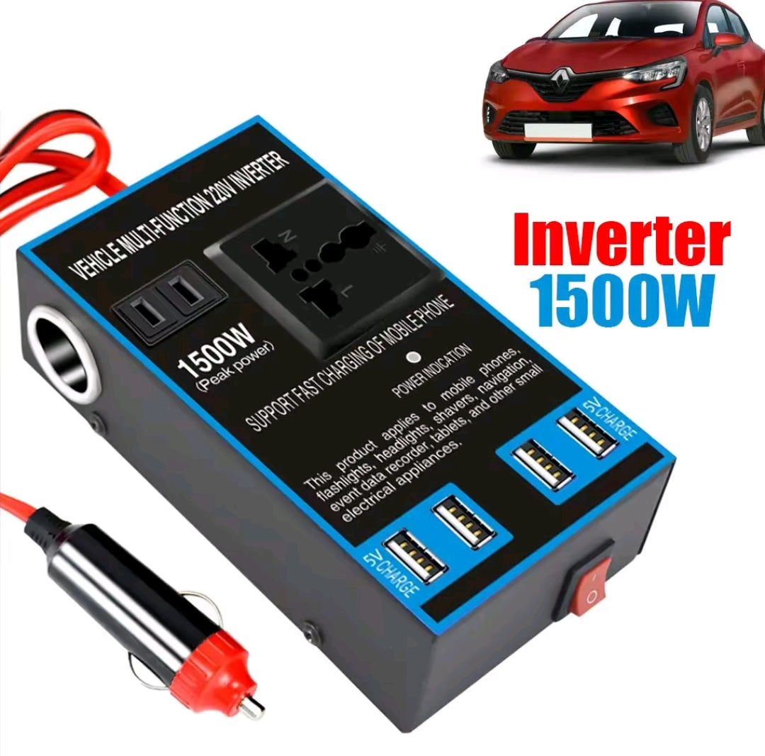 ⚡ Convertisseur Auto 🚗 puissance 1500 W et démarreur de batterie –🔌 Alimentation → 110V/220V • 4 USB 🔋 + Prise Secteur