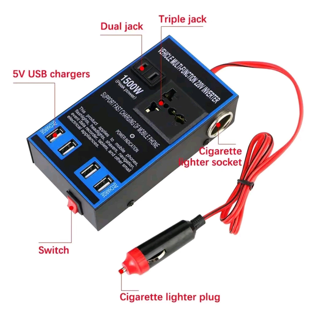 ⚡ Convertisseur Auto 🚗 puissance 1500 W et démarreur de batterie –🔌 Alimentation → 110V/220V • 4 USB 🔋 + Prise Secteur