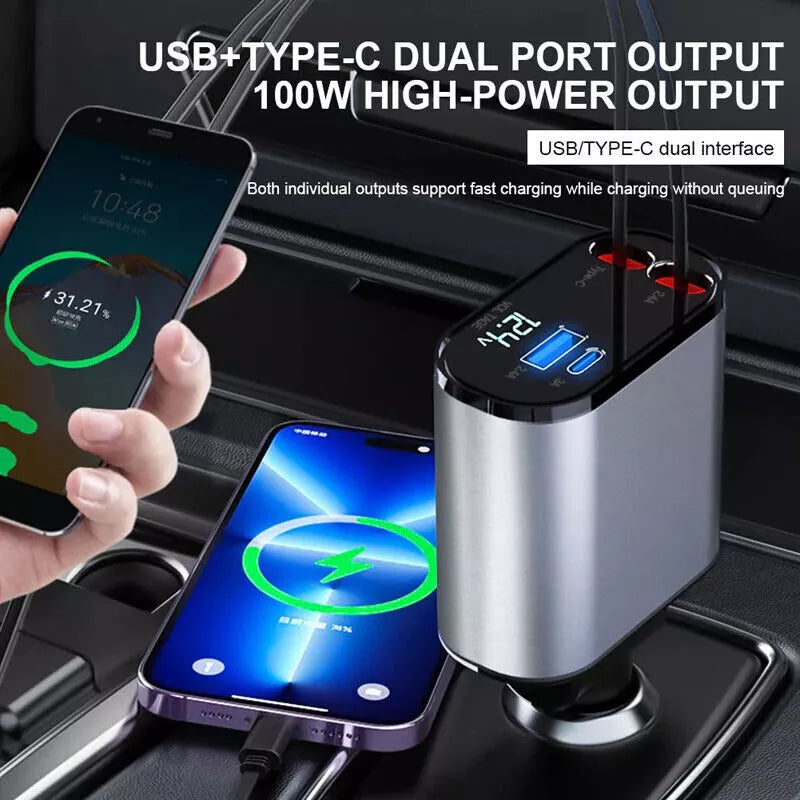 🚗⚡ Chargeur 4-en-1 120 W pour Voiture — USB-C + USB-A + Câbles rétractables (Lightning - USB-C) — iPhone et Android