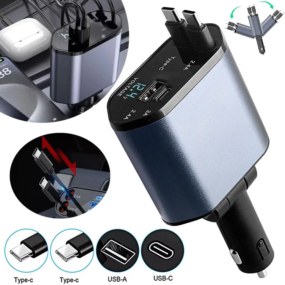 🚗⚡ Chargeur 4-en-1 120 W pour Voiture — USB-C + USB-A + Câbles rétractables (Lightning - USB-C) — iPhone et Android