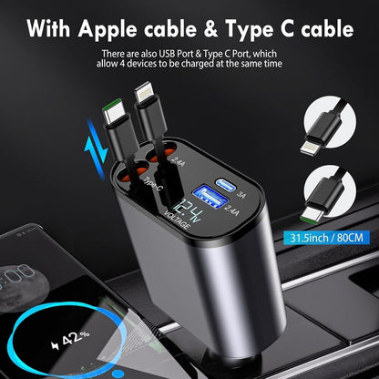 🚗⚡ Chargeur 4-en-1 120 W pour Voiture  — USB-C + USB-A + Câbles rétractables (Lightning - USB-C) — iPhone et Android