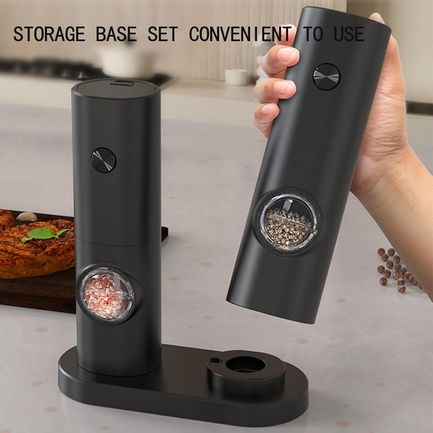 🍽️✨ LOT DE 2 MOULINS ÉLECTRIQUES SEL & POIVRE ⚡🧂 🔘 AUTOMATIQUES À UNE MAIN | 💡 LUMIÈRE LED INTÉGRÉE | ⚙️ MOUTURE RÉGLABLE | 🖤 DESIGN MODERNE & ÉLÉGANT
