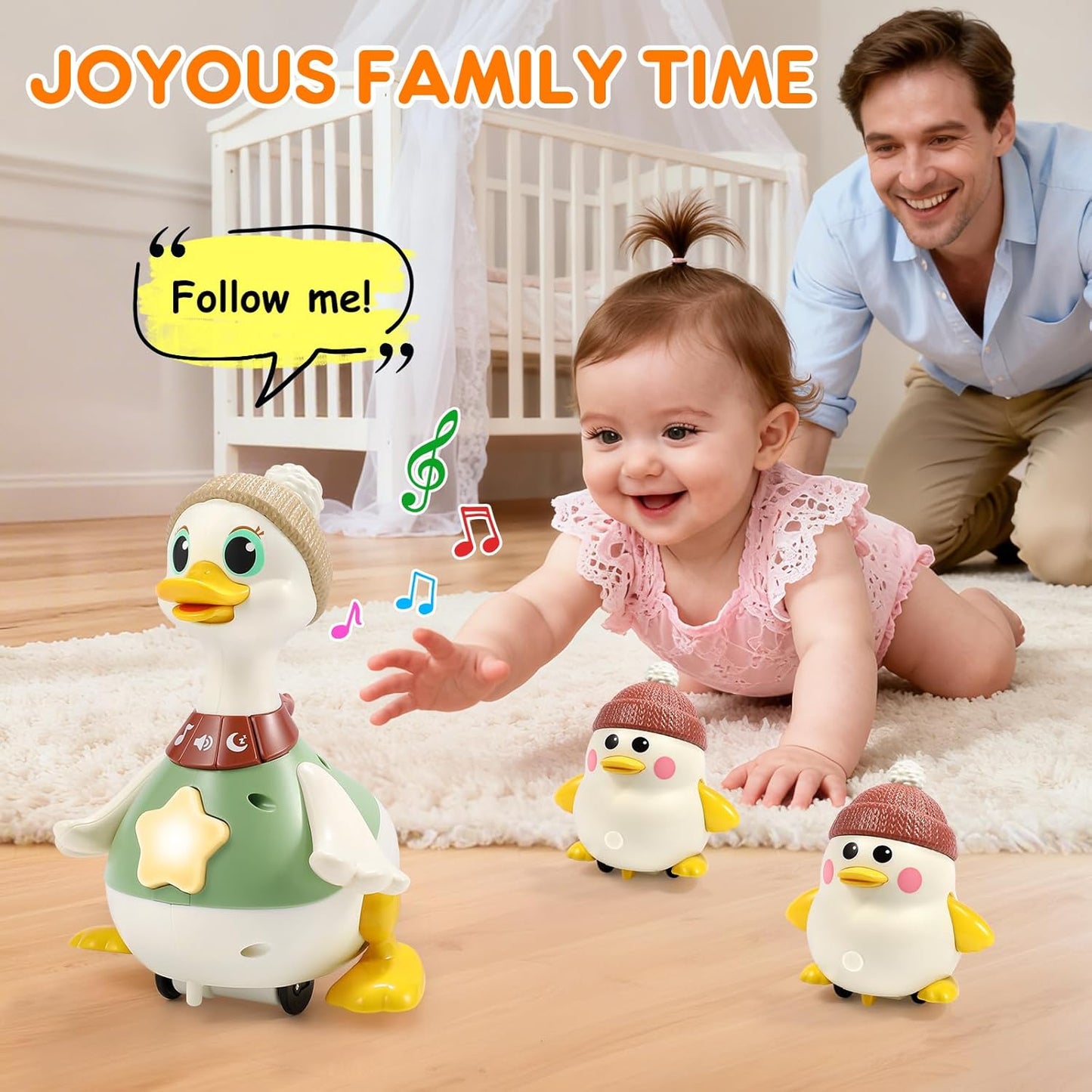 🦆🎶 Canard Marcheur Magnétique – 1 Maman Canard + 3 Canetons - Jouet Interactif Bébé & Enfant – Lumières, Musique & Attaches Magnétiques ✨👶