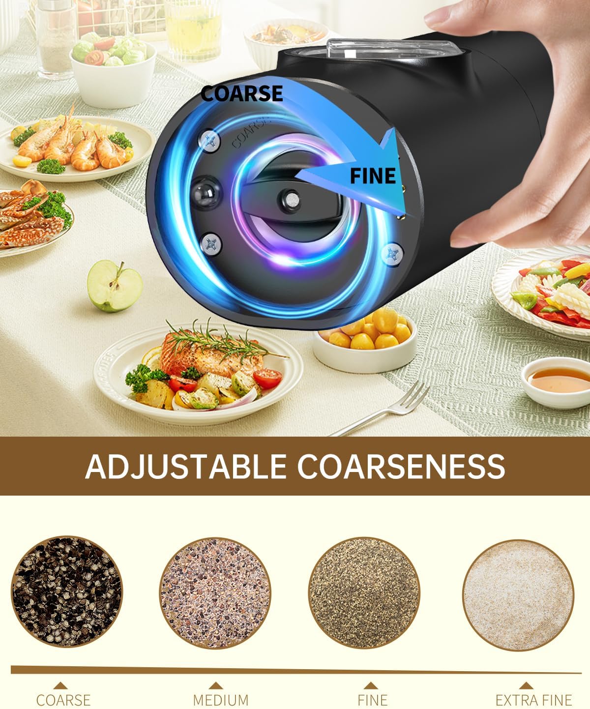 🍽️✨ LOT DE 2 MOULINS ÉLECTRIQUES SEL & POIVRE ⚡🧂 🔘 AUTOMATIQUES À UNE MAIN | 💡 LUMIÈRE LED INTÉGRÉE | ⚙️ MOUTURE RÉGLABLE | 🖤 DESIGN MODERNE & ÉLÉGANT