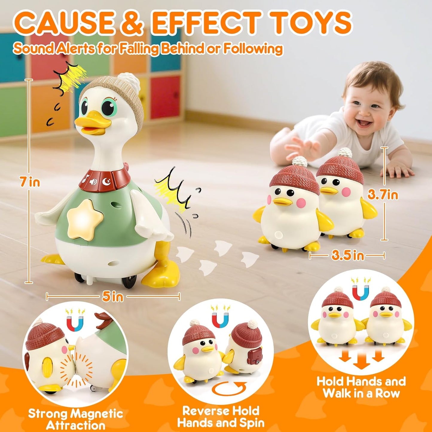 🦆🎶 Canard Marcheur Magnétique – 1 Maman Canard + 3 Canetons - Jouet Interactif Bébé & Enfant – Lumières, Musique & Attaches Magnétiques ✨👶