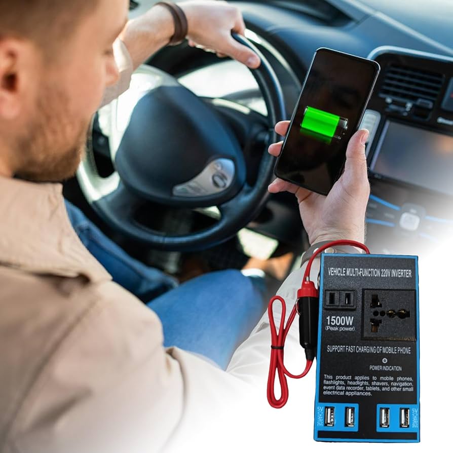 ⚡ Convertisseur Auto 🚗 puissance 1500 W et démarreur de batterie –🔌 Alimentation → 110V/220V • 4 USB 🔋 + Prise Secteur
