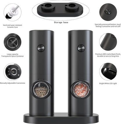 🍽️✨ LOT DE 2 MOULINS ÉLECTRIQUES SEL & POIVRE ⚡🧂 🔘 AUTOMATIQUES À UNE MAIN | 💡 LUMIÈRE LED INTÉGRÉE | ⚙️ MOUTURE RÉGLABLE | 🖤 DESIGN MODERNE & ÉLÉGANT