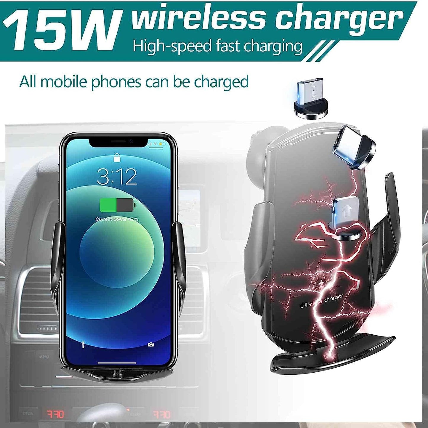 🚗📱⚡ Chargeur Sans Fil Voiture - Qi 15W FAST CHARGE ÉLECTROMAGNÉTIQUE – Support Téléphone Auto-Serrage à Capteur – Fixation Grille d’Aération (Noir) 🔥🔒