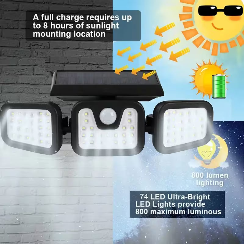 🌞💡Triple Lampe Murale Solaire 38W – Ultra Lumineuse – Détecteur de Mouvement – 3 Têtes Orientables – Imperméable IP65 🌧️🏡