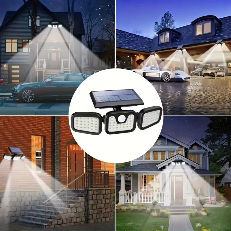 🌞💡Triple Lampe Murale Solaire 38W – Ultra Lumineuse – Détecteur de Mouvement – 3 Têtes Orientables – Imperméable IP65 🌧️🏡