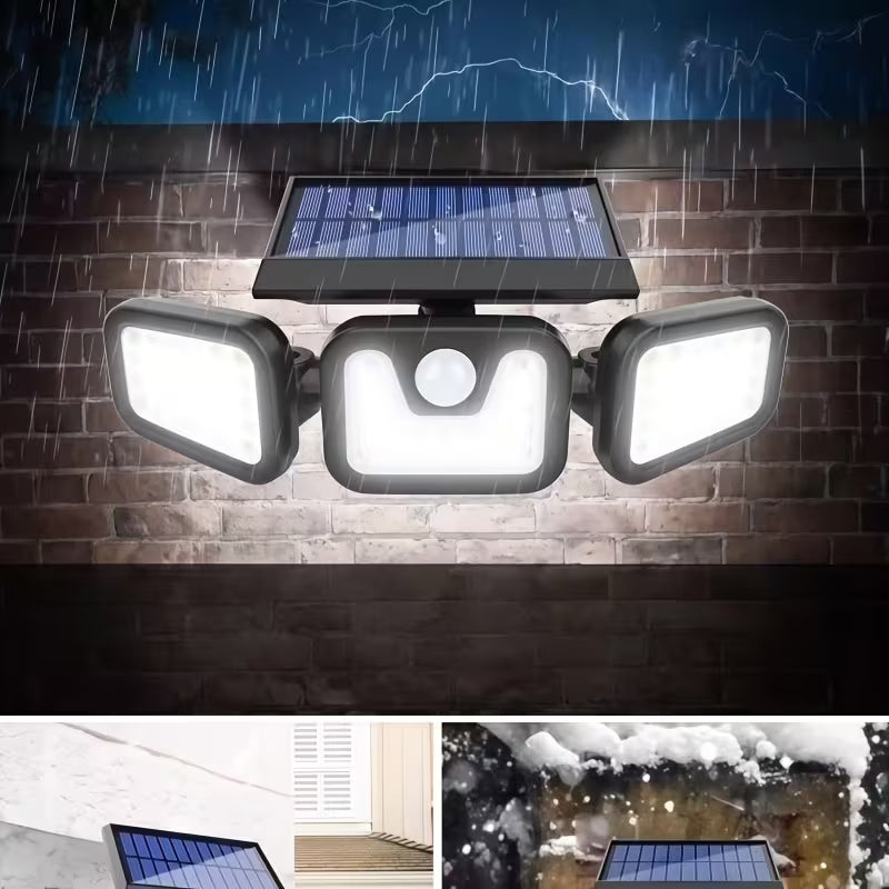 🌞💡Triple Lampe Murale Solaire 38W – Ultra Lumineuse – Détecteur de Mouvement – 3 Têtes Orientables – Imperméable IP65 🌧️🏡