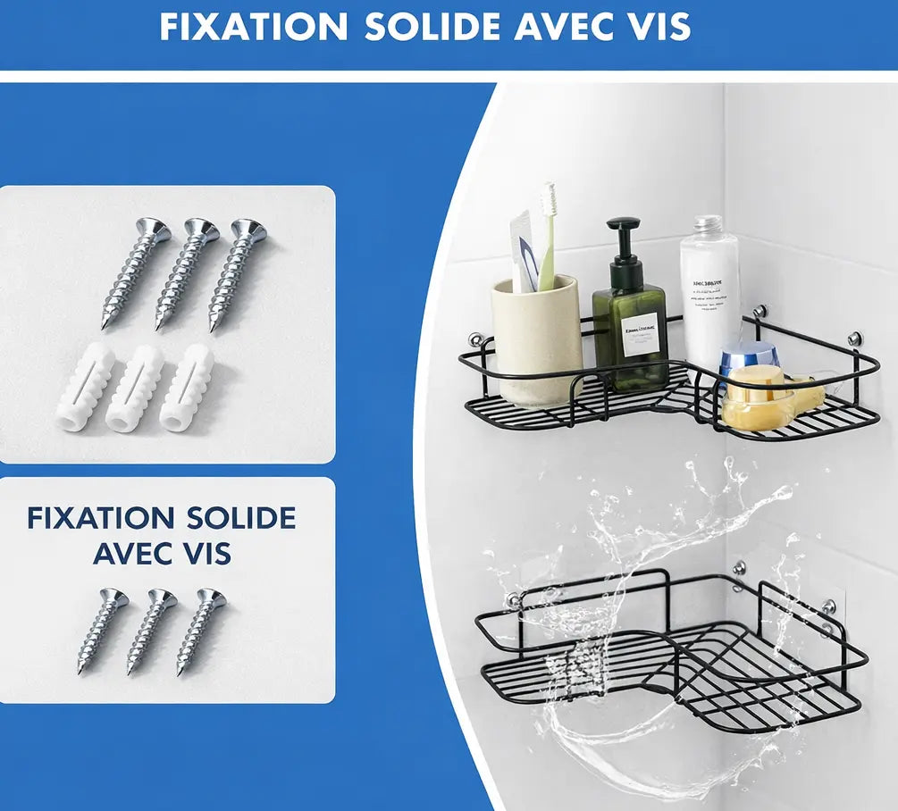 🚿🍳🖤 ÉTAGÈRE D’ANGLE MURALE POUR SALLE DE BAIN & CUISINE  ✨ 🧴 🛡️ ANTI-ROUILLE ULTRA DURABLE