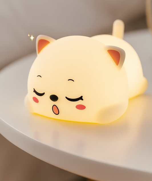 MinouLumi — Veilleuse chaton tactile, silicone doux, USB rechargeable, 5 couleurs 🐱💡