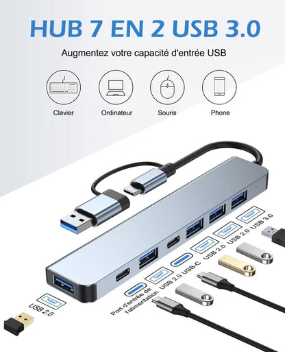 Hub USB-C Multiport 7-en-2 — Boîtier métal | USB 3.0 + USB 2.0 | Double connecteur USB-C / USB-A ⚡💻