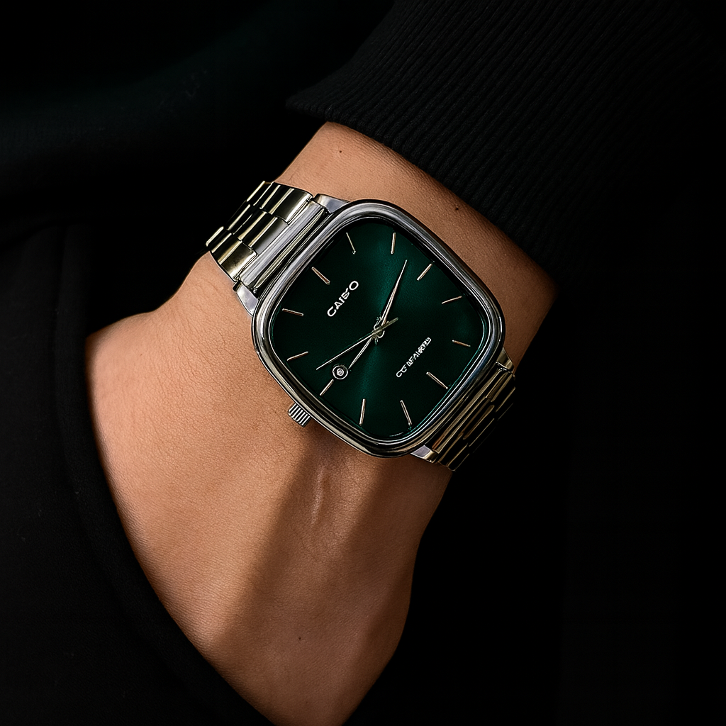 Casio — Montre élégante cadran carré vert, bracelet acier, 3 ATM ⌚ — Unisexe (Hommes / Femmes) — Acier Inoxydable, Bracelet à Maillons, Résistance à l’eau du quotidien