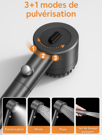PureJet — Pommeau de douche spa, filtration 15 étapes, 3+1 modes, Stop 1-clic 🚿