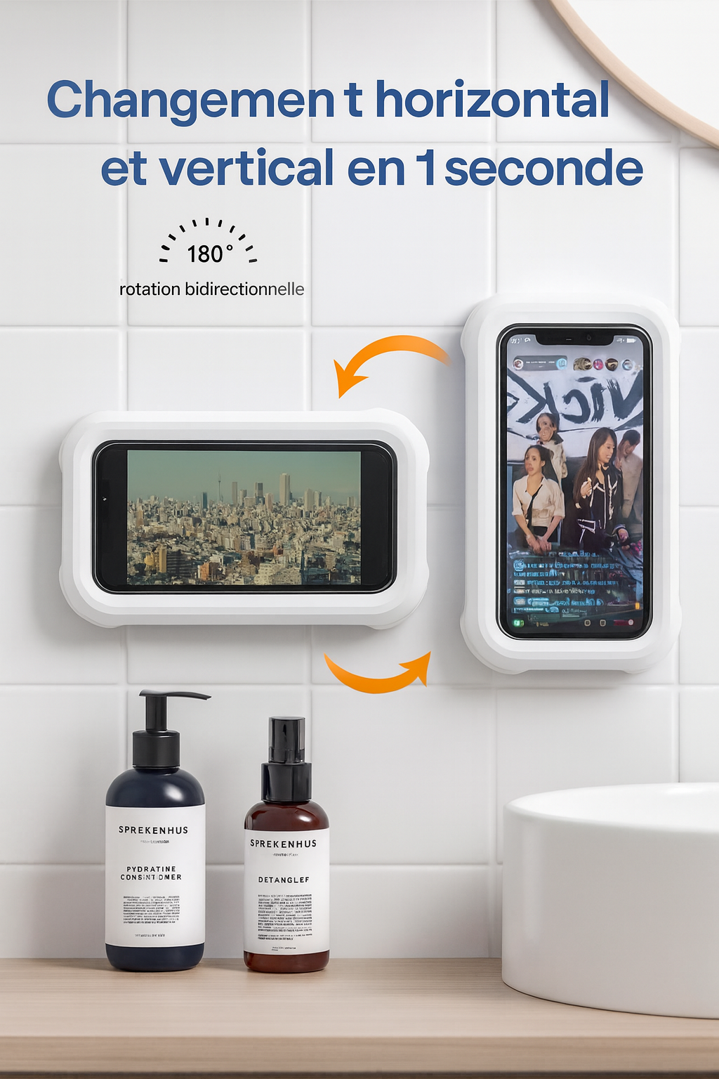 HydroCase — Boîtier douche étanche, rotation 360°, anti-buée, tactile HD 🚿