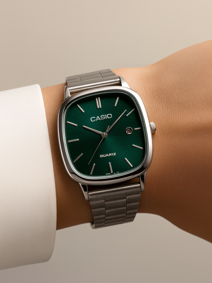 Casio — Montre élégante cadran carré vert, bracelet acier, 3 ATM ⌚ — Unisexe (Hommes / Femmes) — Acier Inoxydable, Bracelet à Maillons, Résistance à l’eau du quotidien