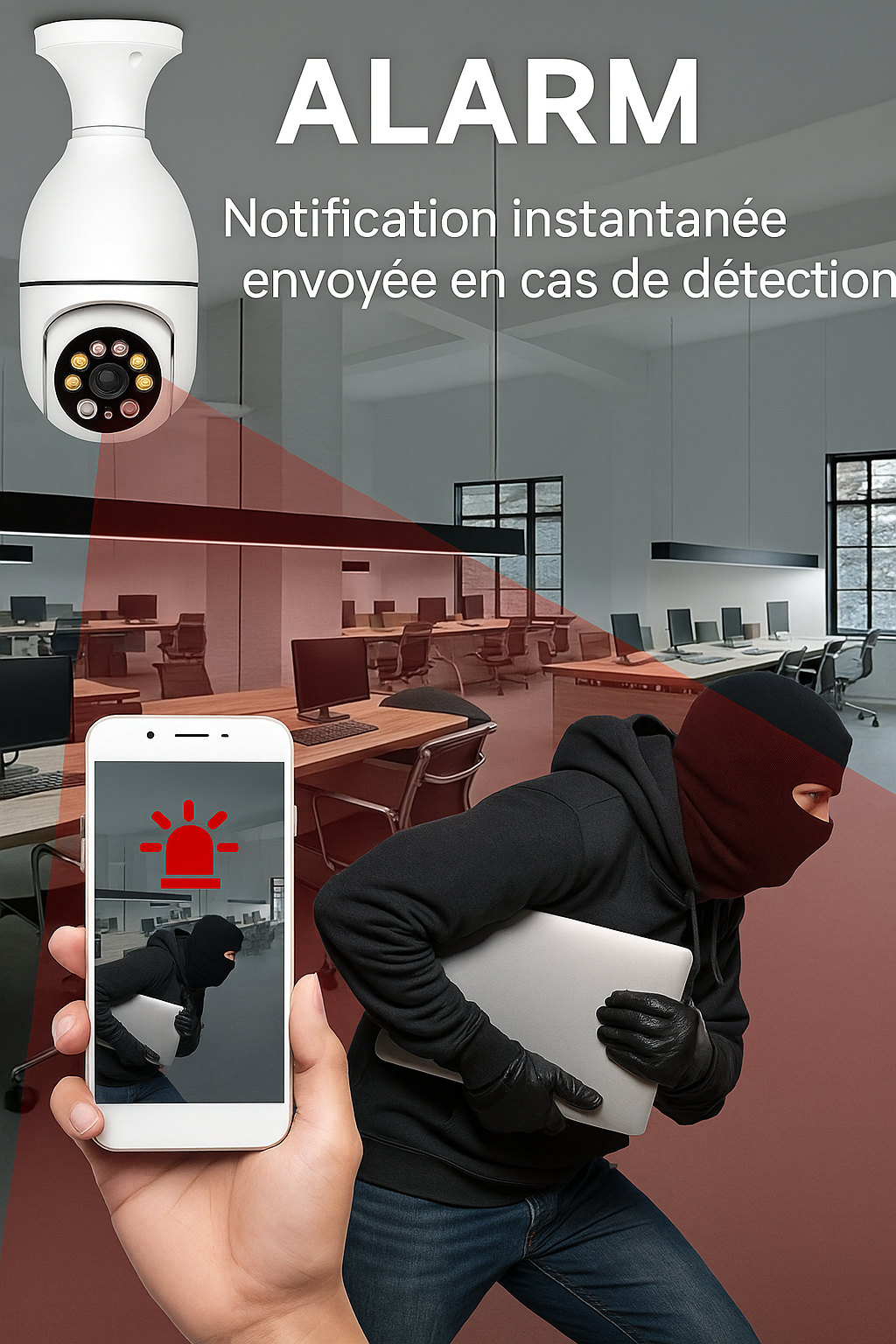 WiFiCam360 — Caméra ampoule Wi-Fi HD 1080P (3MP), 360°, vision nocturne couleur, alarme lumineuse & sonore 💡📸