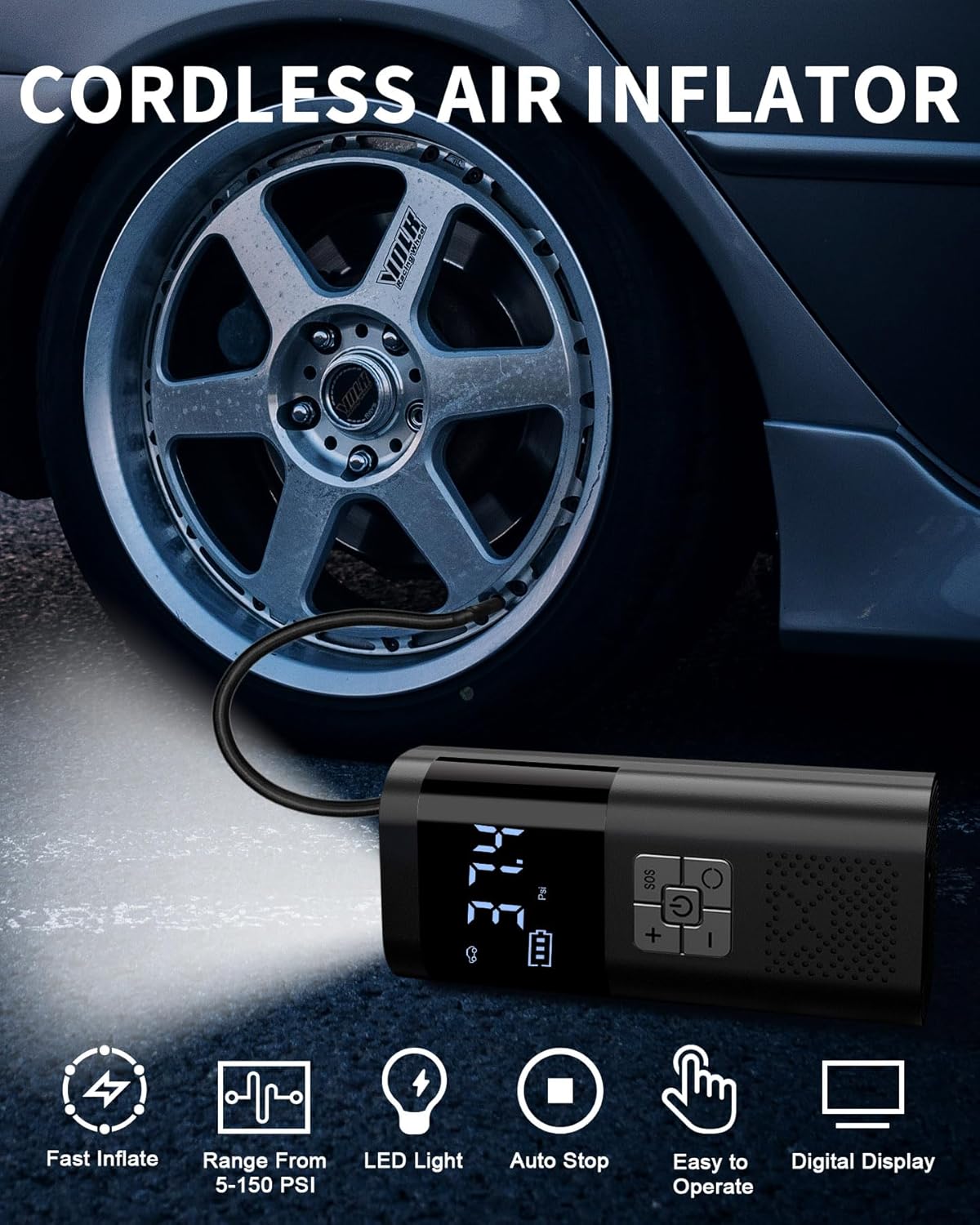 Compresseur 150 PSI — Double alimentation sans-fil & 12 V, écran LCD, arrêt auto 🔋🚗