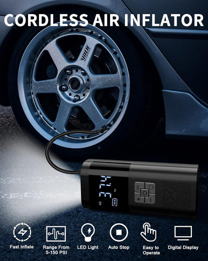 Compresseur 150 PSI — Double alimentation sans-fil & 12 V, écran LCD, arrêt auto 🔋🚗