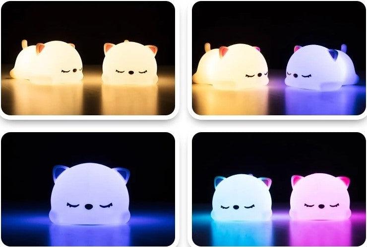 MinouLumi — Veilleuse chaton tactile, silicone doux, USB rechargeable, 5 couleurs 🐱💡