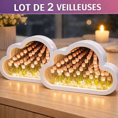 Lot de 2 Veilleuses Nuages Tulipes — miroir déco le jour, lampe cosy la nuit 🌷☁️✨
