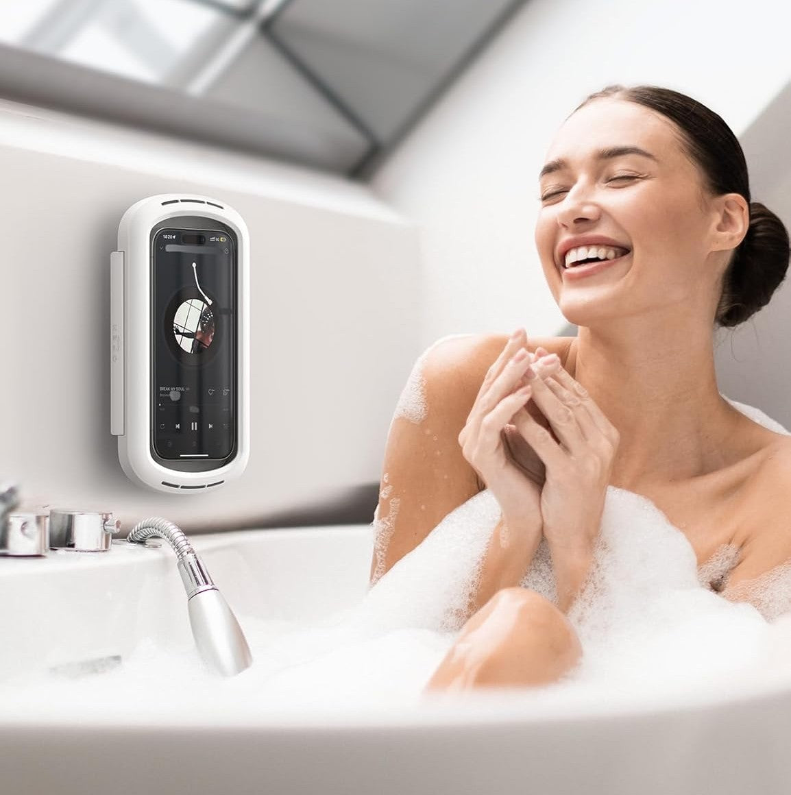 HydroCase — Boîtier douche étanche, rotation 360°, anti-buée, tactile HD 🚿