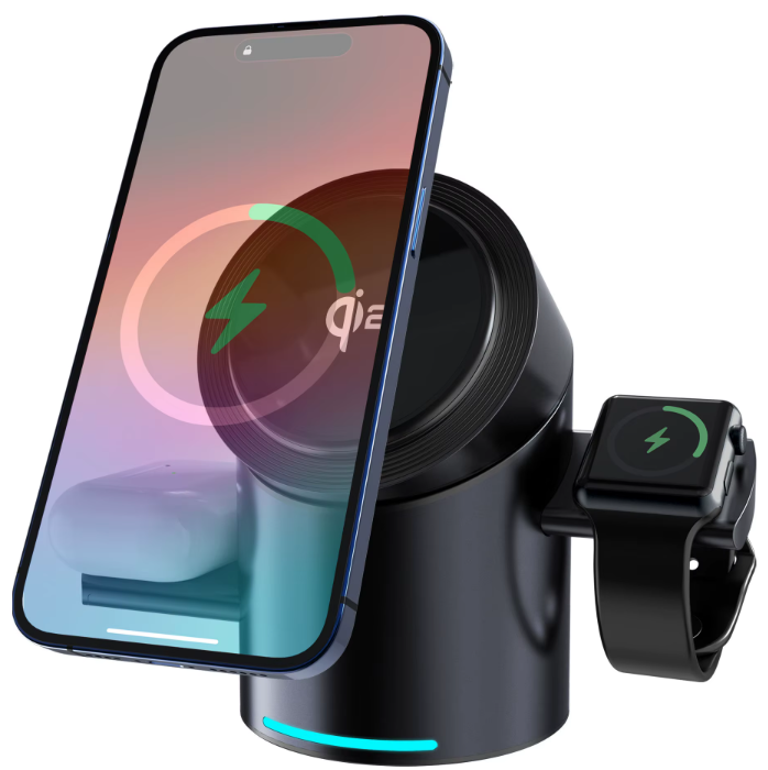 Orbit-Charge — Station 3-en-1 Qi2 auto-rotative pour smartphone, montre & écouteurs ⚡🔄📱⌚️🎧
