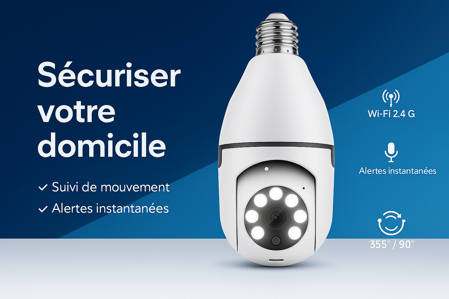 WiFiCam360 — Caméra ampoule Wi-Fi HD 1080P (3MP), 360°, vision nocturne couleur, alarme lumineuse & sonore 💡📸