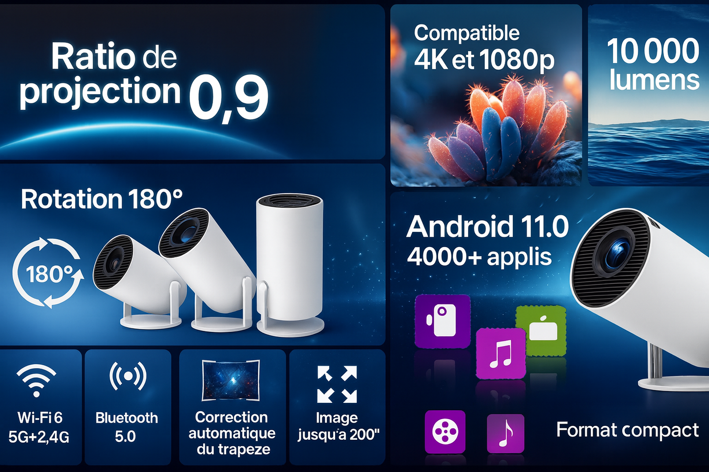 Projecteur Cinéma — 4K Full HD | Wi-Fi 6 | BT 5.4 | Android 11 | Rotation 180° | Auto-trapèze | Écran 200" 🎬