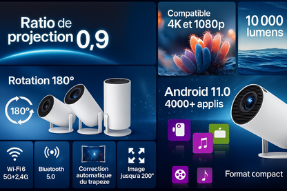 Projecteur Cinéma — 4K Full HD | Wi-Fi 6 | BT 5.4 | Android 11 | Rotation 180° | Auto-trapèze | Écran 200" 🎬