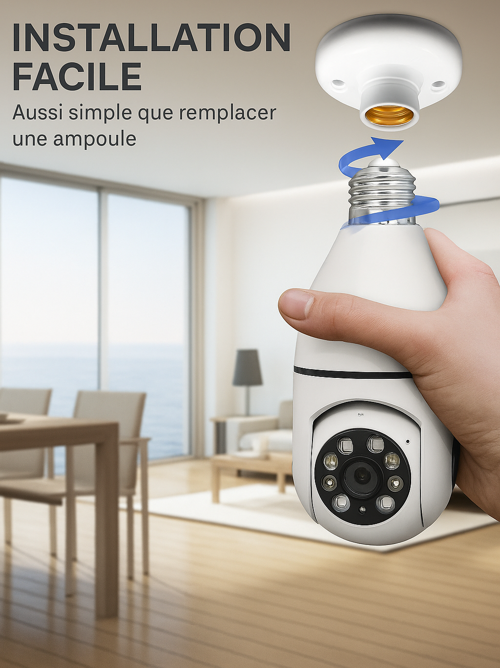 WiFiCam360 — Caméra ampoule Wi-Fi HD 1080P (3MP), 360°, vision nocturne couleur, alarme lumineuse & sonore 💡📸