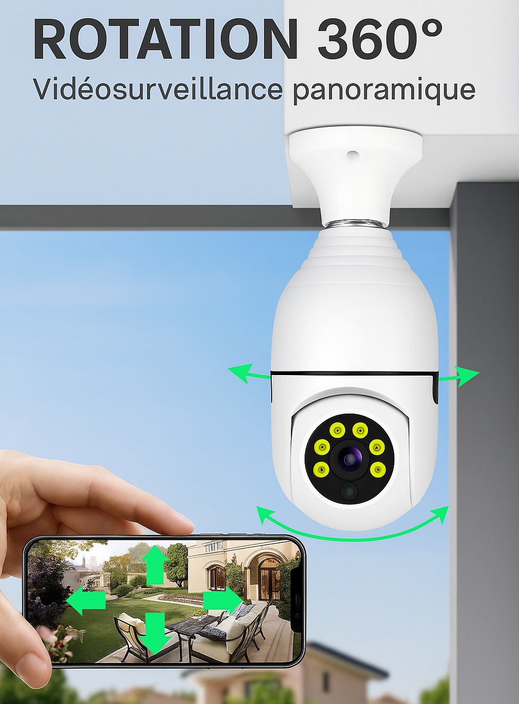 WiFiCam360 — Caméra ampoule Wi-Fi HD 1080P (3MP), 360°, vision nocturne couleur, alarme lumineuse & sonore 💡📸