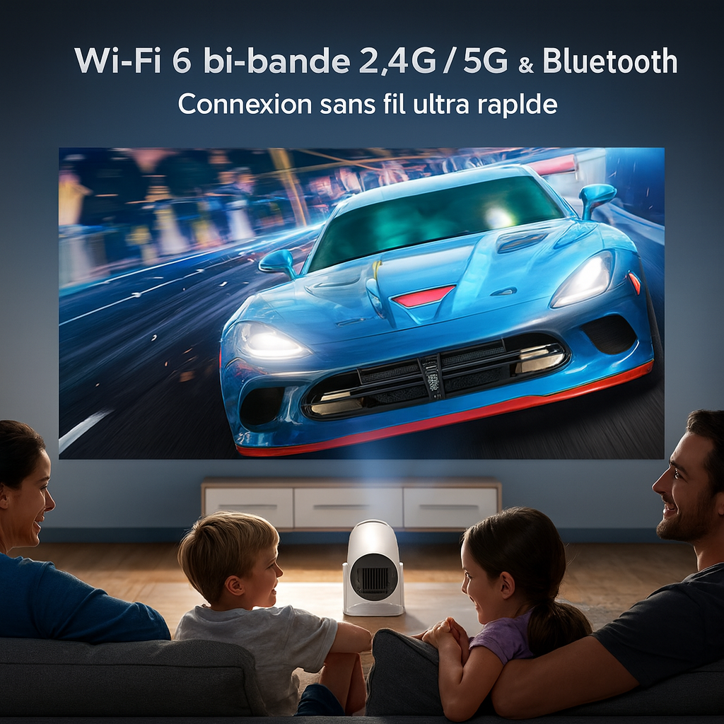 Projecteur Cinéma — 4K Full HD | Wi-Fi 6 | BT 5.4 | Android 11 | Rotation 180° | Auto-trapèze | Écran 200" 🎬