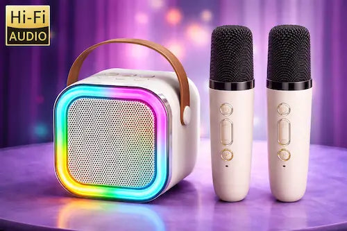 Enceinte Karaoké Portable K12 — 2 micros sans fil, lumières LED, effets changeur de voix 🎤✨
