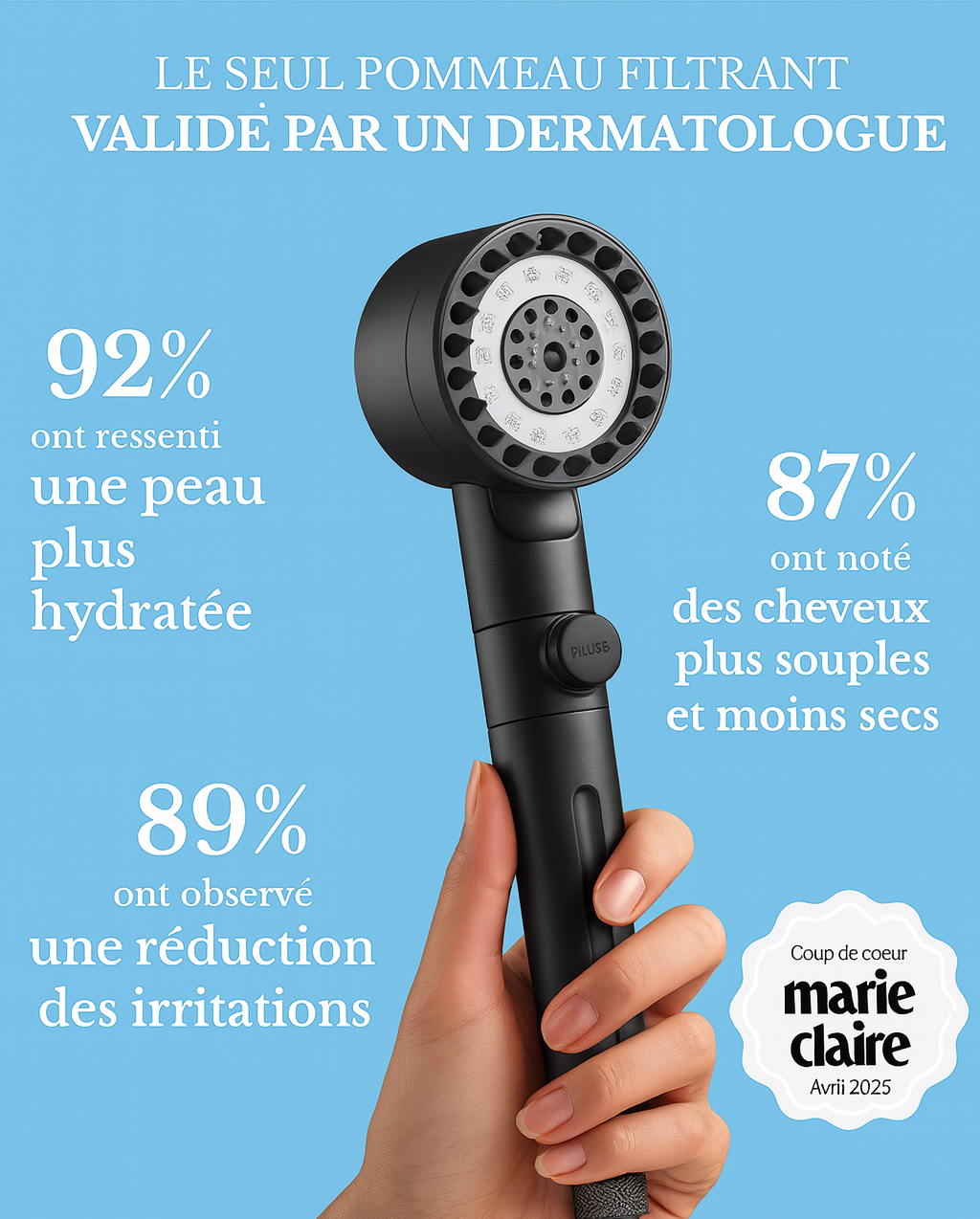 PureJet — Pommeau de douche spa, filtration 15 étapes, 3+1 modes, Stop 1-clic 🚿
