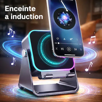 Enceinte a induction avec support téléphone | Bluetooth 5.3 | Power bank 5000 mAh | Anneau RGB 🔊📱✨