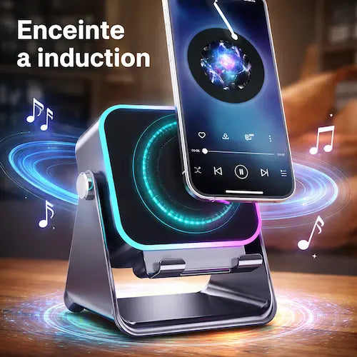 Enceinte a induction avec support téléphone | Bluetooth 5.3 | Power bank 5000 mAh | Anneau RGB 🔊📱✨