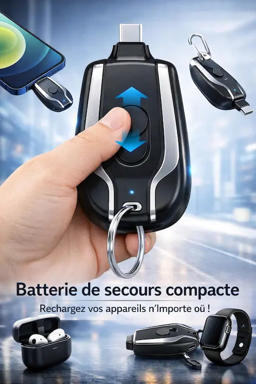 Mini Power Bank Porte-clés d’urgence 1500 mAh | USB-C intégré | Plug & Play 🔋🔑